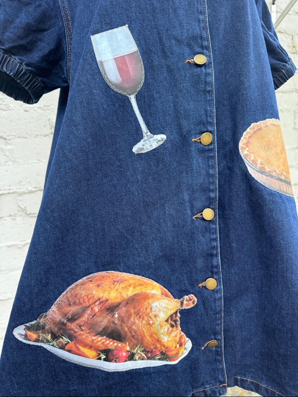 Cider Peter Pan Collar Denim Mini Dress Upcycled Thanksgiving Patches Size M - Picture 10 of 16